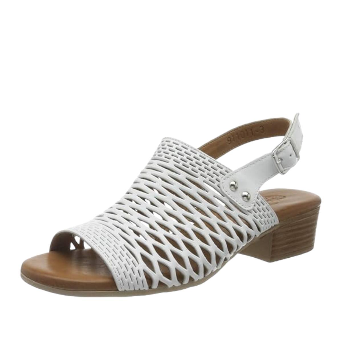 Bueno Lacey white leather sandal with a woven upper, hook and loop strap, and a 2-inch block heel. Photo of front side view 2.