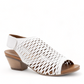 Bueno Lacey white leather sandal with a woven upper, hook and loop strap, and a 2-inch block heel. Photo of front side view 1.