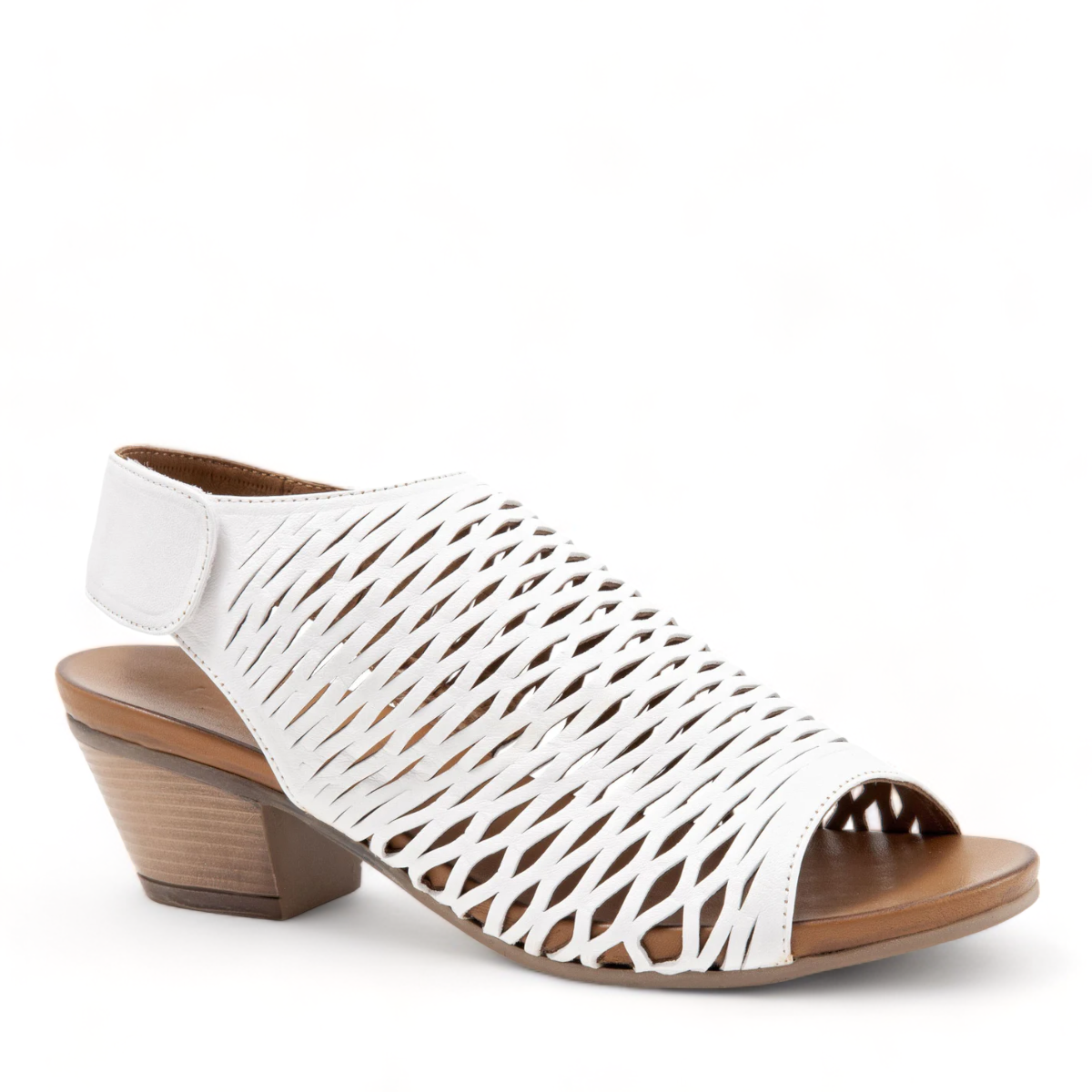 Bueno Lacey white leather sandal with a woven upper, hook and loop strap, and a 2-inch block heel. Photo of front side view 1.