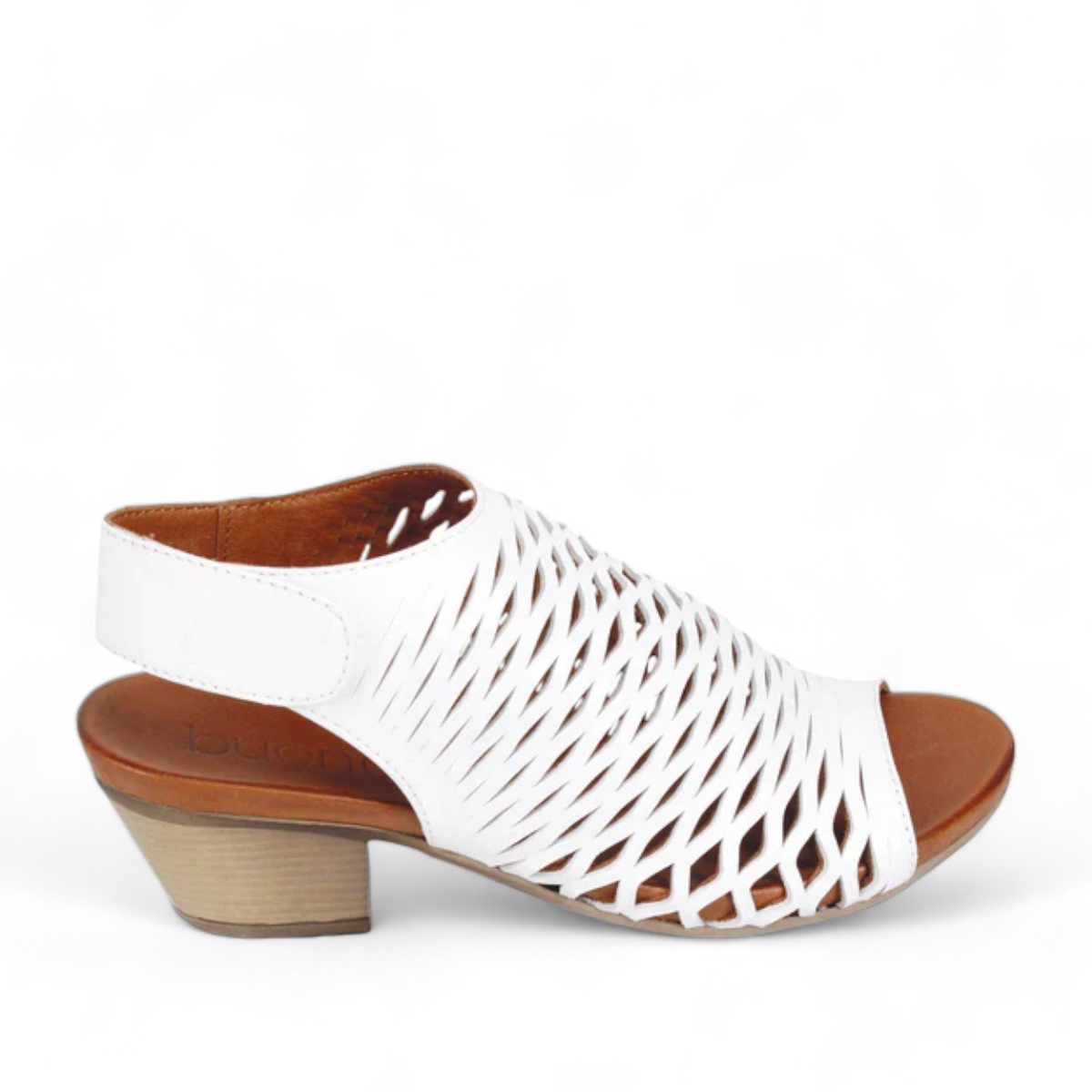 Bueno Lacey white leather sandal with a woven upper, hook and loop strap, and a 2-inch block heel. Photo of right side view.