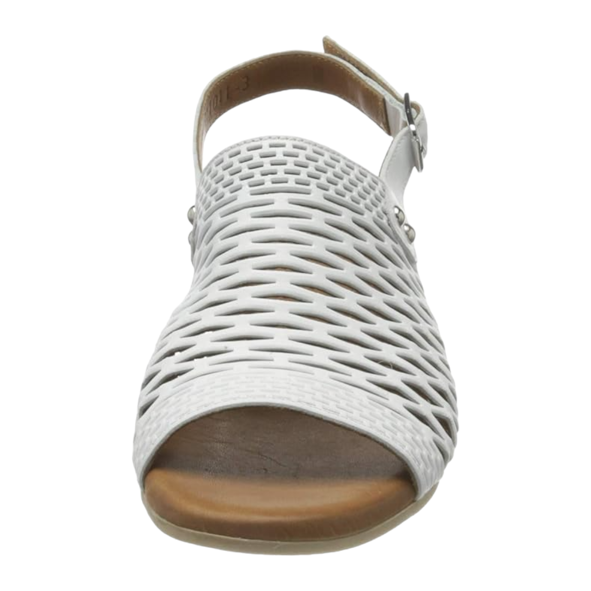 Bueno Lacey white leather sandal with a woven upper, hook and loop strap, and a 2-inch block heel. Photo of front view.