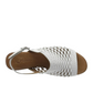 Bueno Lacey white leather sandal with a woven upper, hook and loop strap, and a 2-inch block heel. Photo of upper view.