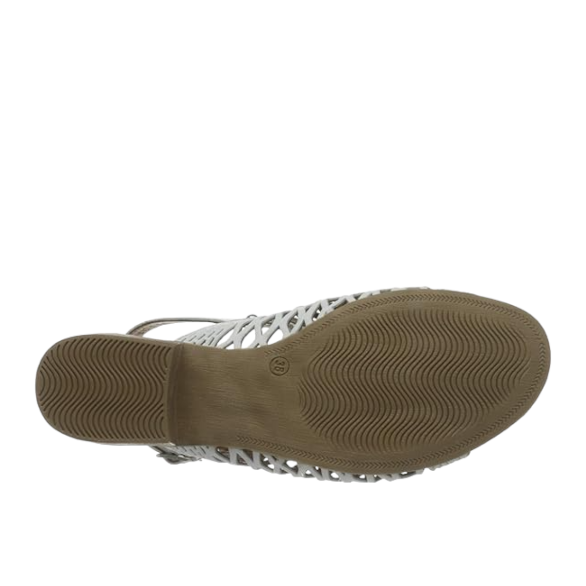 Bueno Lacey white leather sandal with a woven upper, hook and loop strap, and a 2-inch block heel. Photo of bottom view.