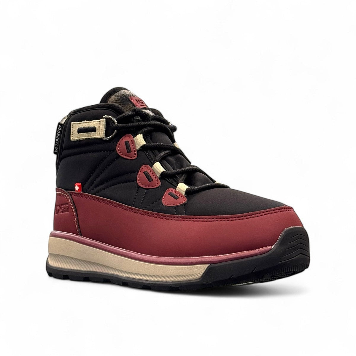 burgundy and black NexGrip Ice Wonder mid-cut waterproof winter boot with plaid collar detail. 
photo of the front side