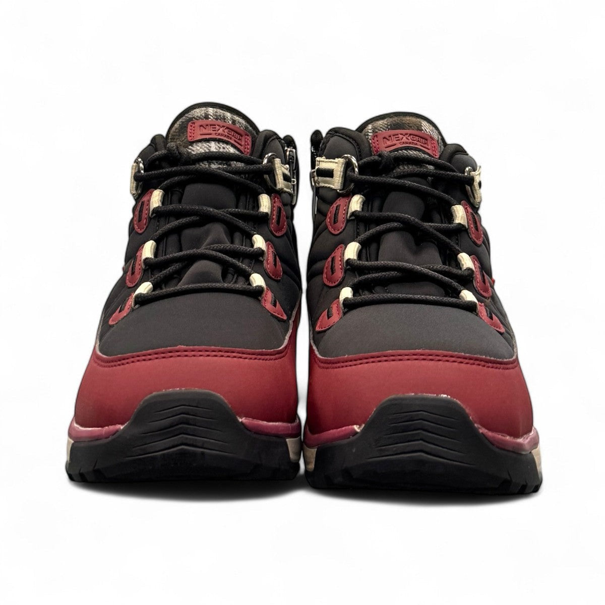 burgundy and black NexGrip Ice Wonder mid-cut waterproof winter boot with plaid collar detail. 
photo of the front side