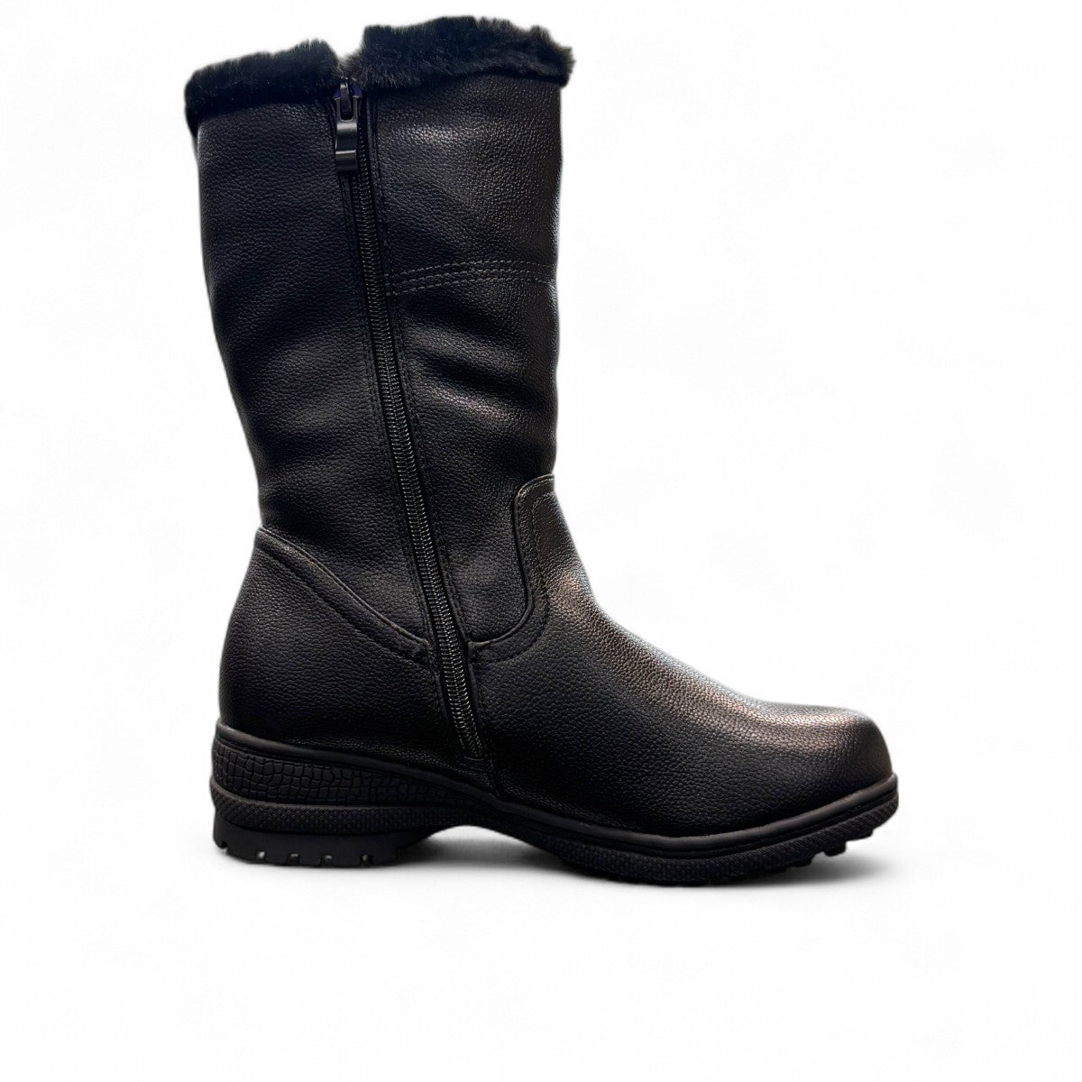 Canada Comfort black mid-calf boot with faux fur collar, side zipper, and durable rubber wedge sole. Photo of left side view.