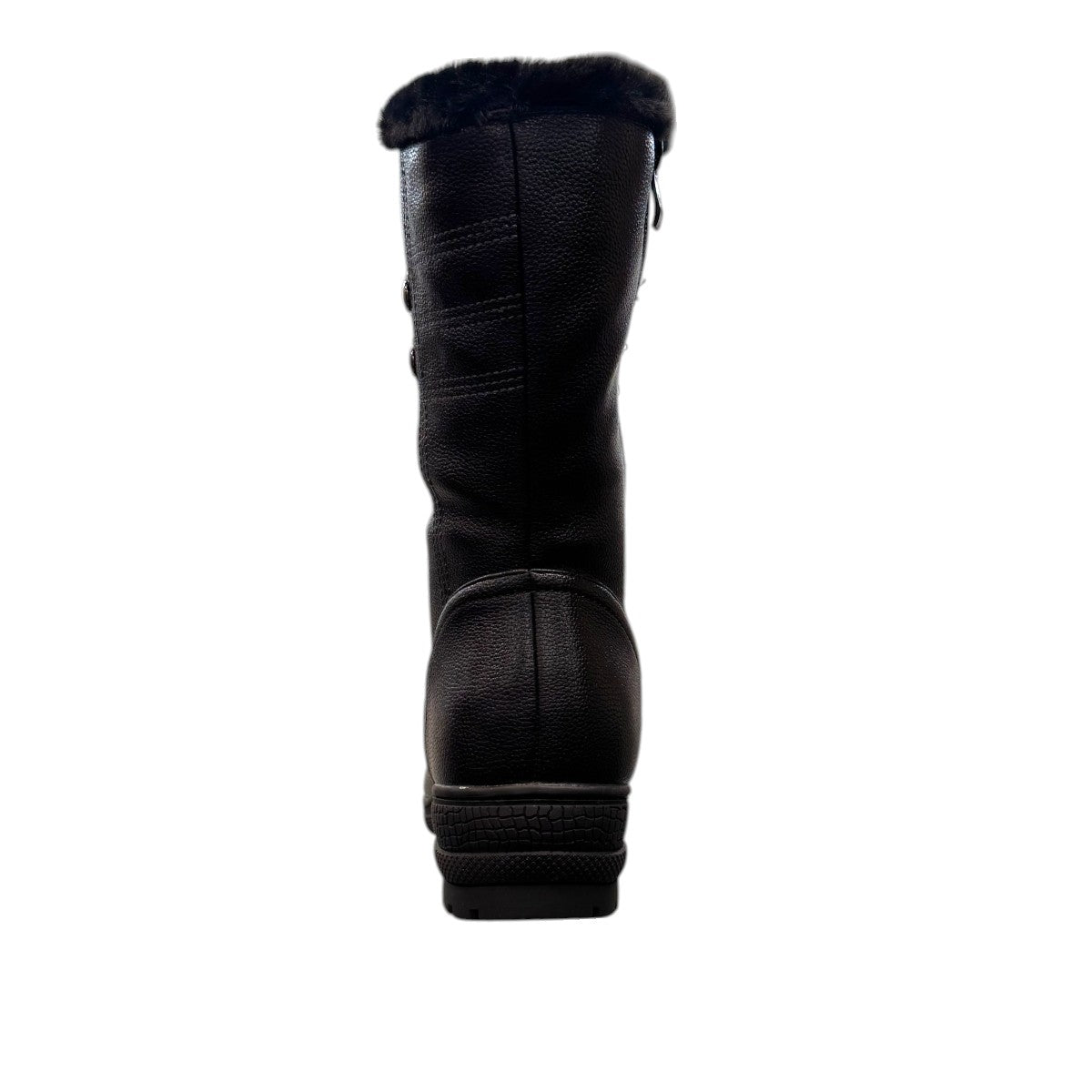 Canada Comfort black mid-calf boot with faux fur collar, side zipper, and durable rubber wedge sole. Photo of back view.