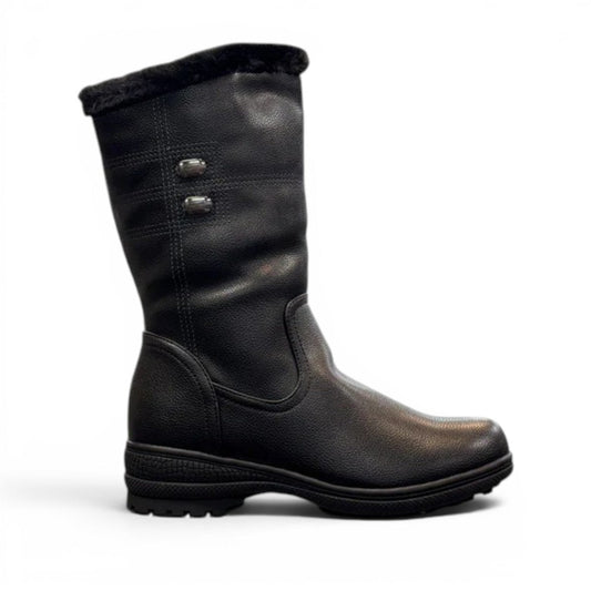 Canada Comfort black mid-calf boot with faux fur collar, side zipper, and durable rubber wedge sole. Photo of right side view.