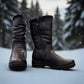 Canada Comfort black mid-calf boot with faux fur collar, side zipper, and durable rubber wedge sole. Photo of side views 1.