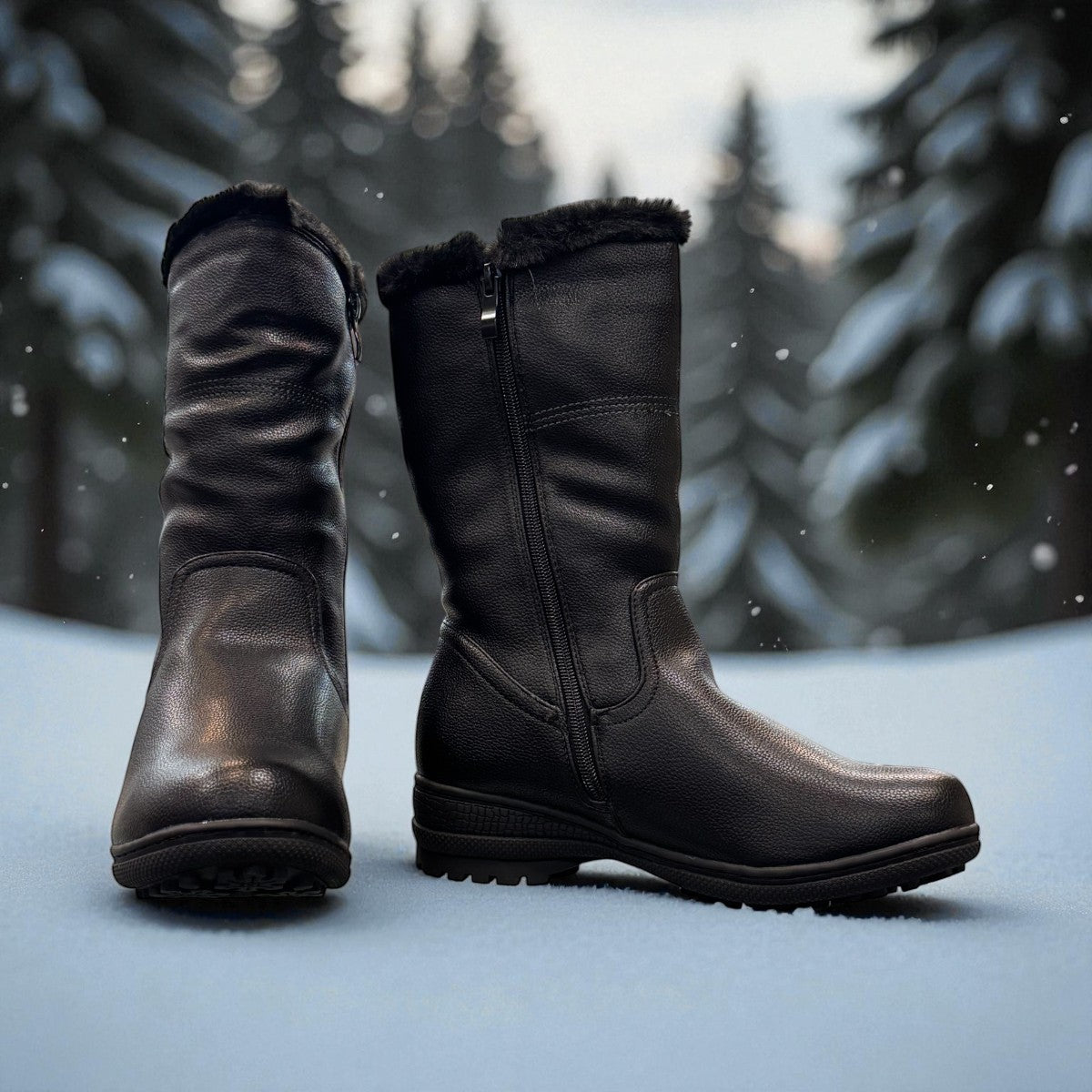 Canada Comfort black mid-calf boot with faux fur collar, side zipper, and durable rubber wedge sole. Photo of side views 1.