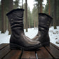 Canada Comfort black mid-calf boot with faux fur collar, side zipper, and durable rubber wedge sole. Photo of side views 2.