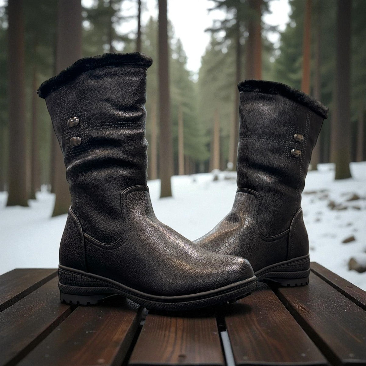 Canada Comfort black mid-calf boot with faux fur collar, side zipper, and durable rubber wedge sole. Photo of side views 2.