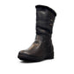 Canada Comfort black mid-calf boot with faux fur collar, side zipper, and durable rubber wedge sole. Photo of front side view.