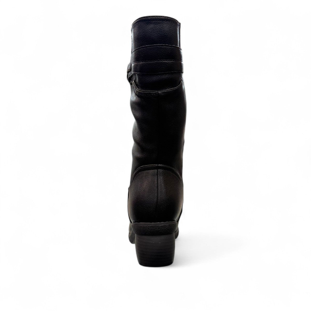 Canada Comfort side zip F209 black leather winter boot with side zipper, fleece lining, and low wedge heel. Photo of back view.