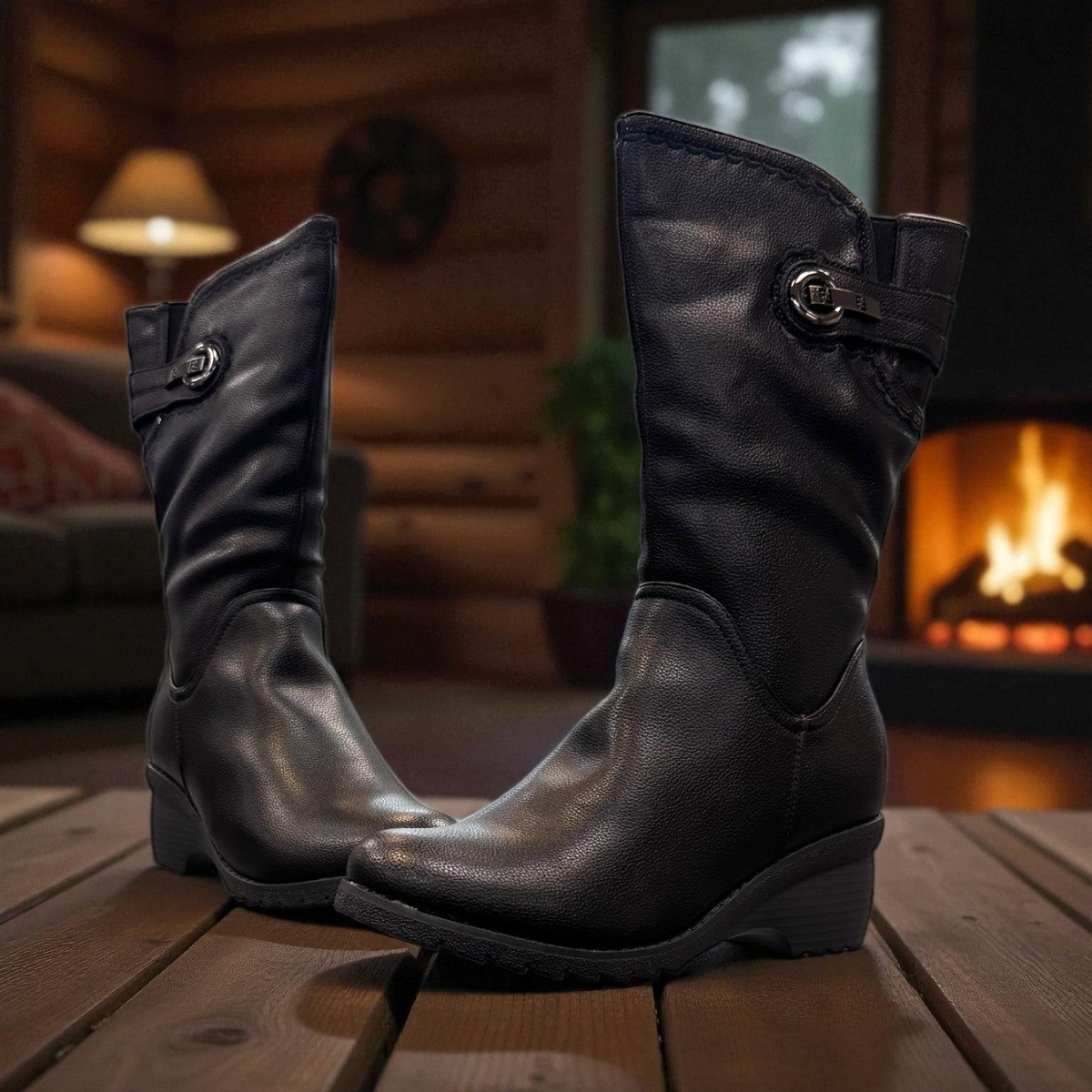 Canada Comfort side zip F209 black leather winter boot with side zipper, fleece lining, and low wedge heel. Photo of front side view 1.