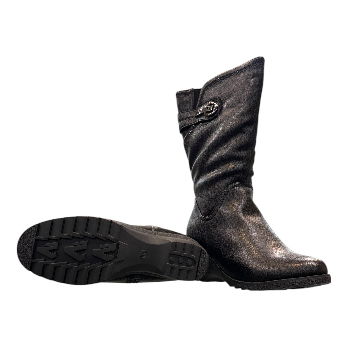 Canada Comfort side zip F209 black leather winter boot with side zipper, fleece lining, and low wedge heel. Photo of bottom view.