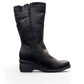 Canada Comfort side zip F209 black leather winter boot with side zipper, fleece lining, and low wedge heel. Photo of left side views.