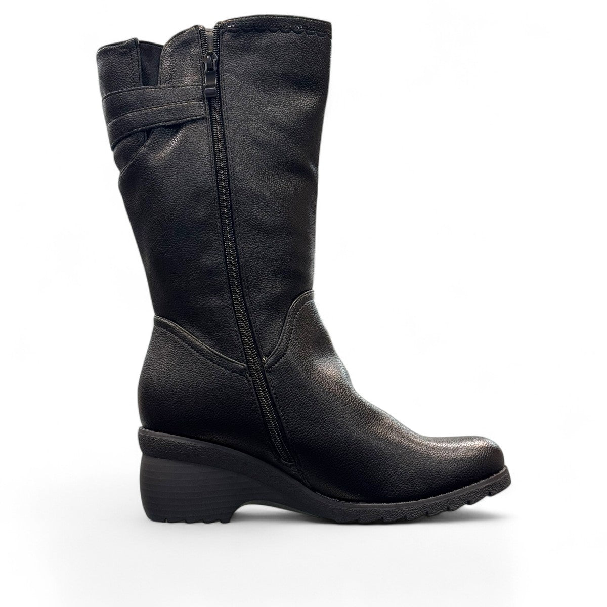 Canada Comfort side zip F209 black leather winter boot with side zipper, fleece lining, and low wedge heel. Photo of left side views.
