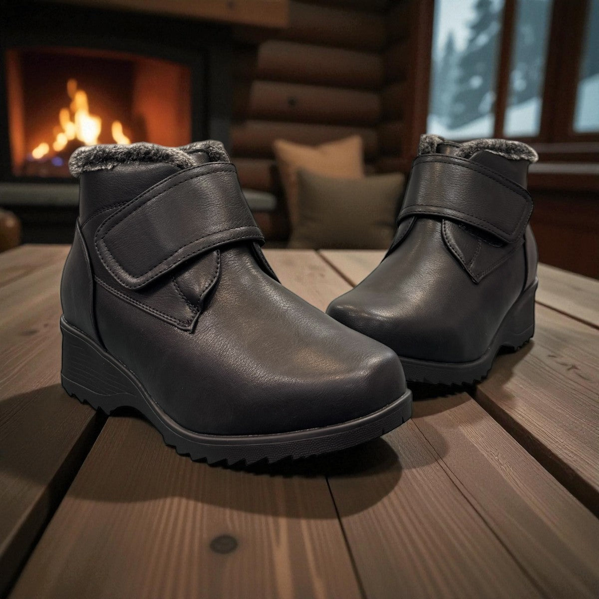 Canada Comfort black waterproof ankle boot with velcro strap and faux fur trim for winter traction. Photo of front side view 1.