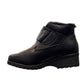 Canada Comfort black waterproof ankle boot with velcro strap and faux fur trim for winter traction. Photo of left side view.