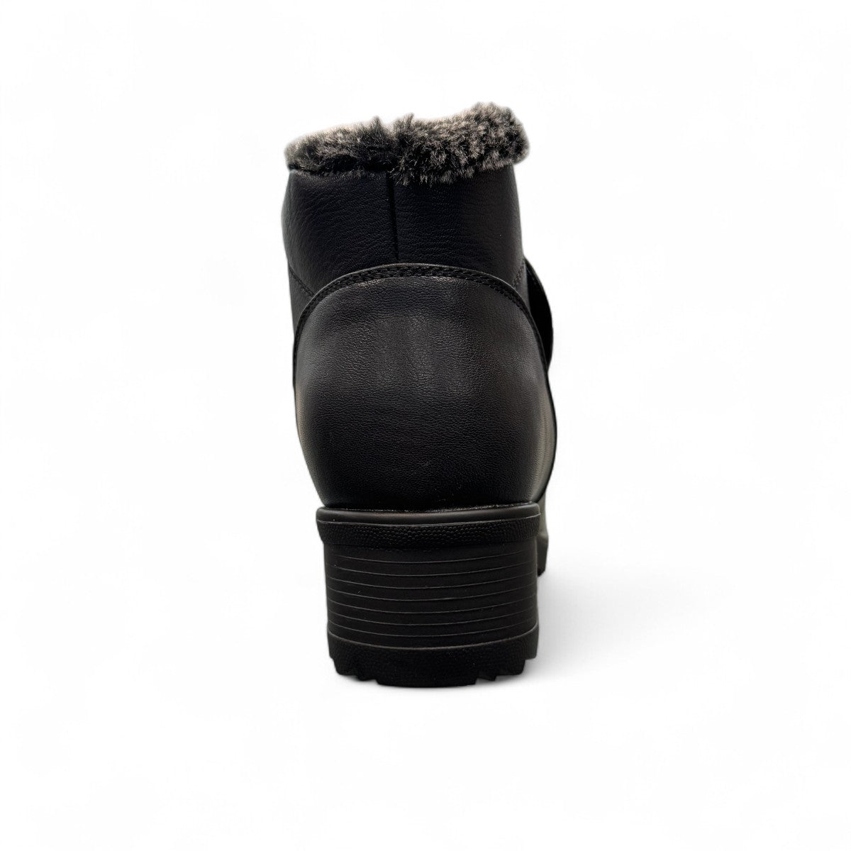 Canada Comfort black waterproof ankle boot with velcro strap and faux fur trim for winter traction. Photo of back view.