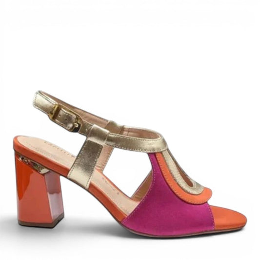 Capelli Rossi Athena sandals in multi-coloured nubuck with gold metallic straps and block heel