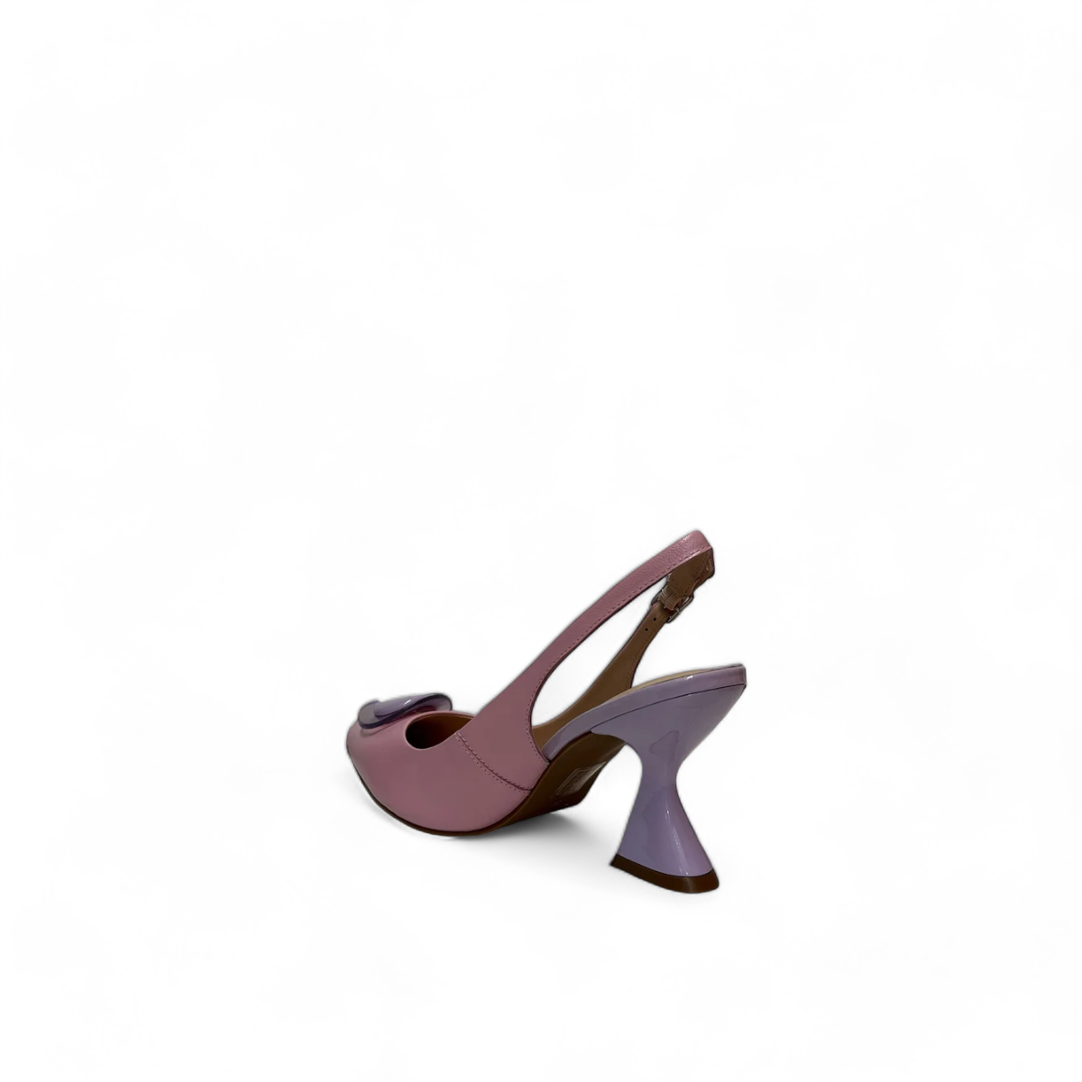 Capelli Rossi Claire coral and blush leather slingback heels with a unique sculptural 3-inch heel.
back view.
