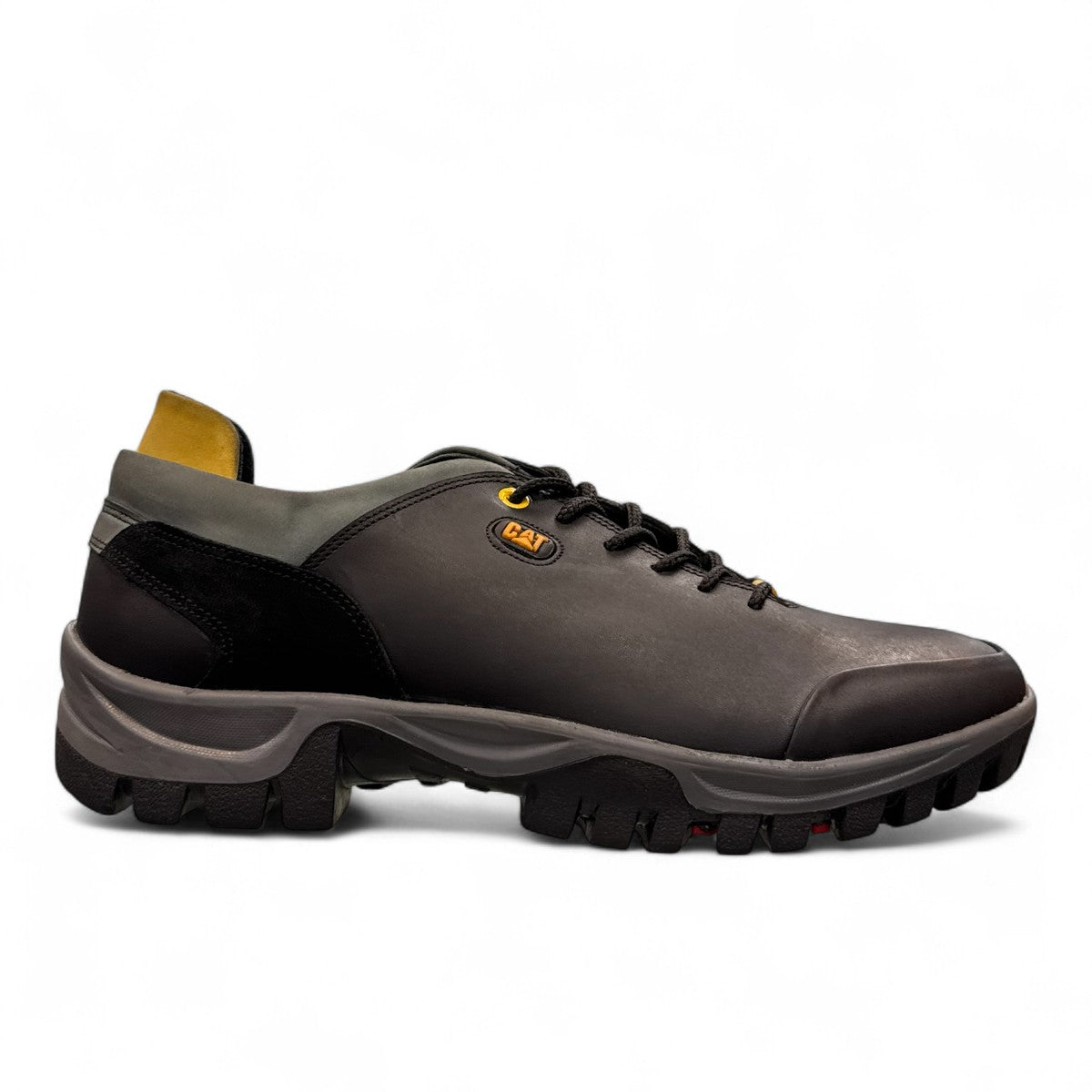 CAT black nubuck leather lace-up shoes with a durable rubber outsole and handmade stitching details. right view.