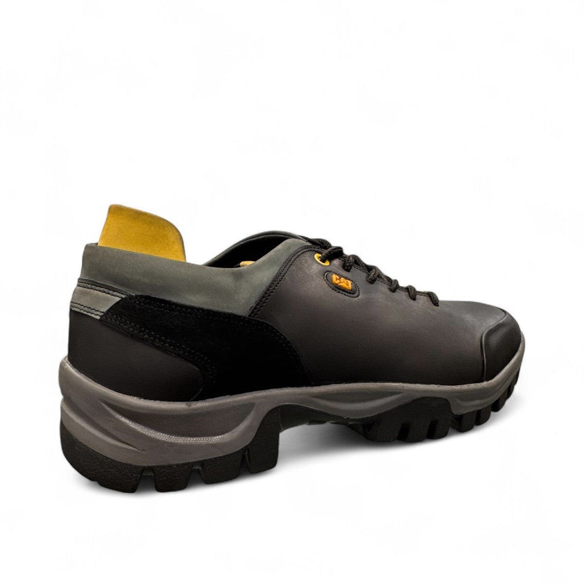 CAT black nubuck leather lace-up sneaker with a durable rubber outsole and handmade stitching detail. back view.