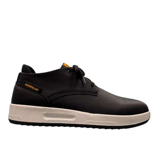 CAT Pedram black leather lace-up casual shoes with a white rubber sole and side logo detail. right view.