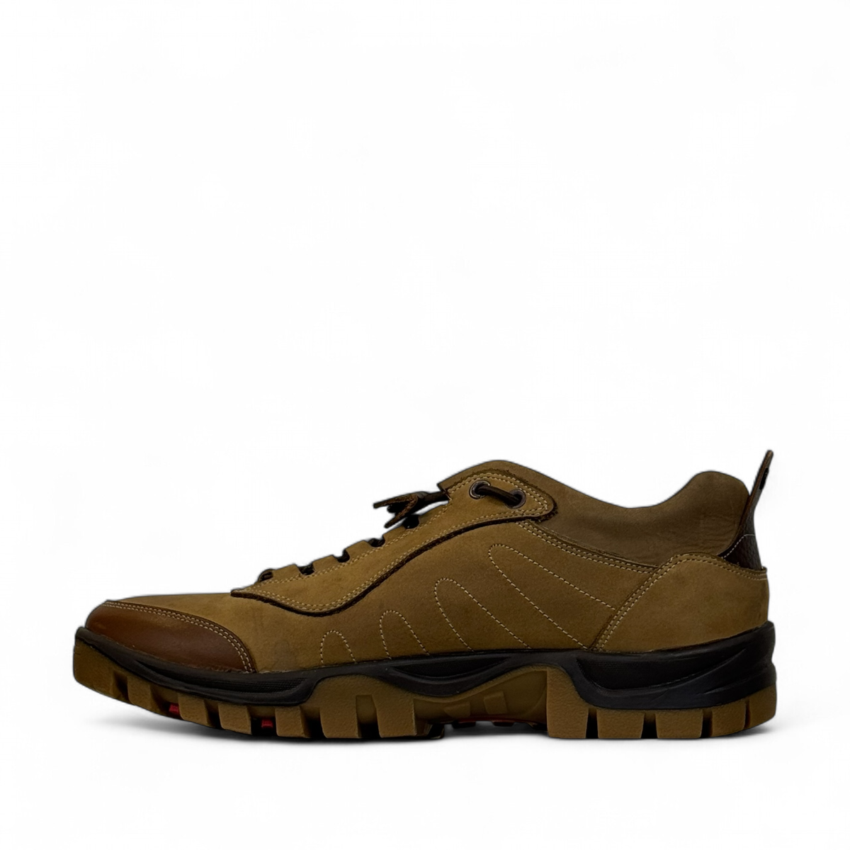 CAT TABAL brown nubuck leather lace-up shoe with durable rubber outsole and handmade stitching detail. left view.