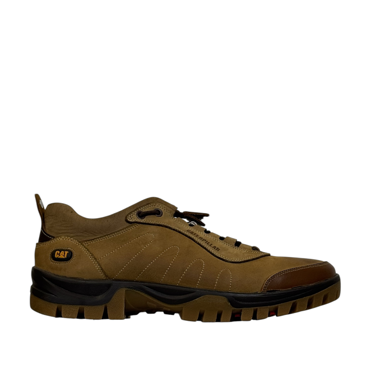 CAT Tabal brown nubuck leather lace-up sneaker with durable rubber outsole and handmade stitching. right view.