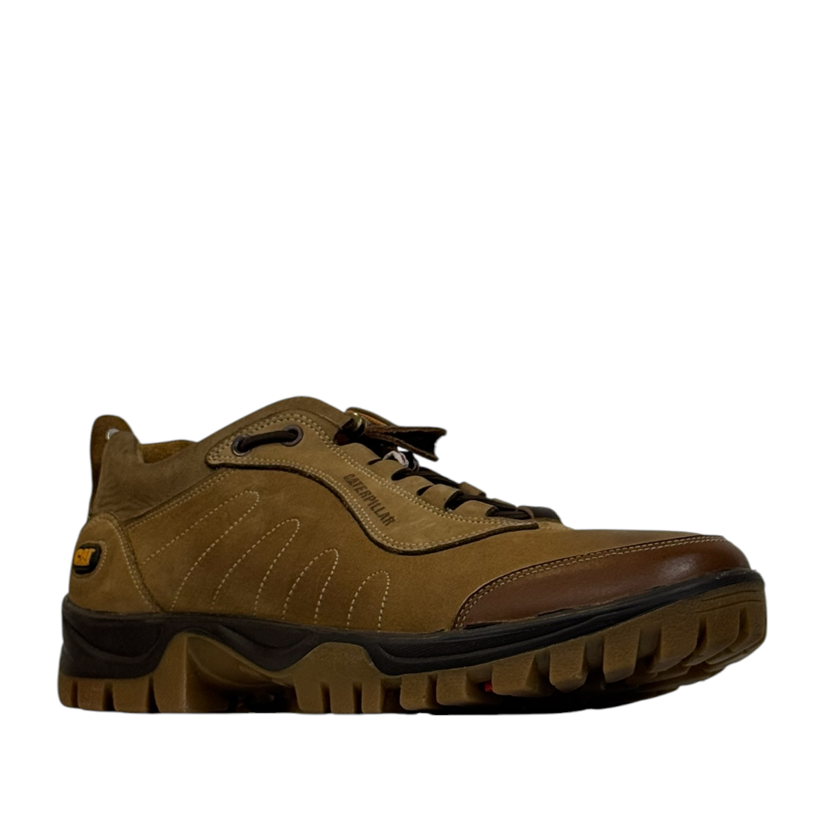 CAT Tabal brown nubuck leather lace-up sneakers with durable rubber outsoles and handmade stitching. front view