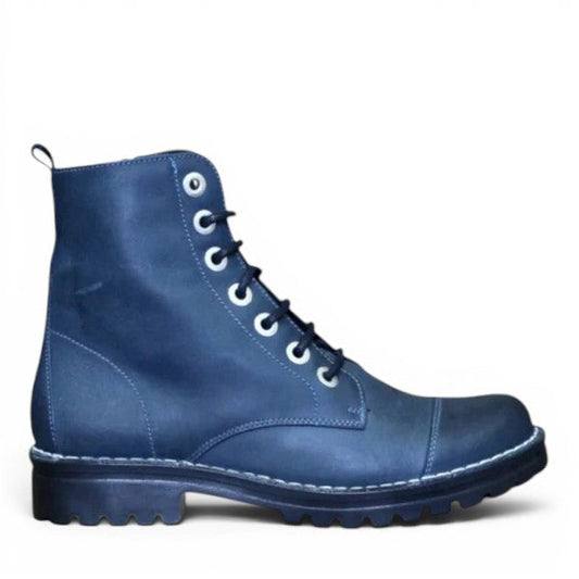 Chacal navy leather lace-up boot with silver eyelets, microfiber lining, and a durable rubber outsole.