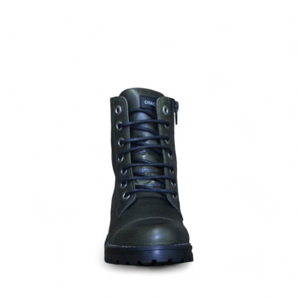 Chacal 5663 black leather lace-up combat boot with side zipper and durable rubber lug sole
