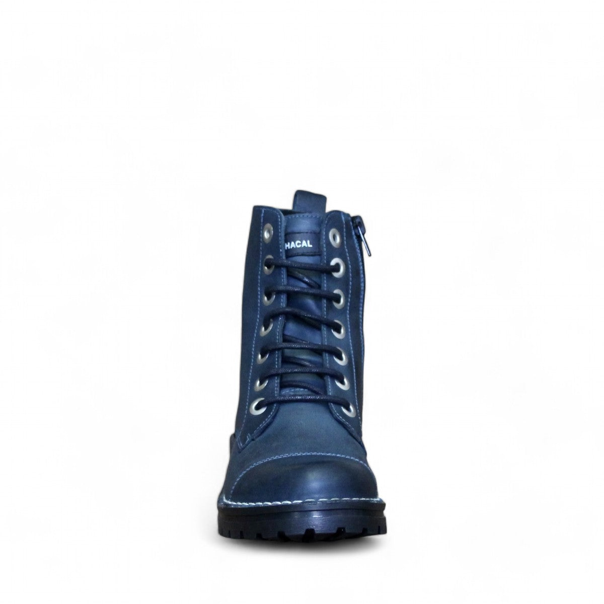 Chacal navy leather lace-up boot with silver eyelets, microfiber lining, and a durable rubber outsole.