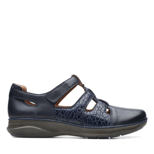 Clarks Appley Strap black leather shoes with leopard print detailing and adjustable hook-loop straps. right view.