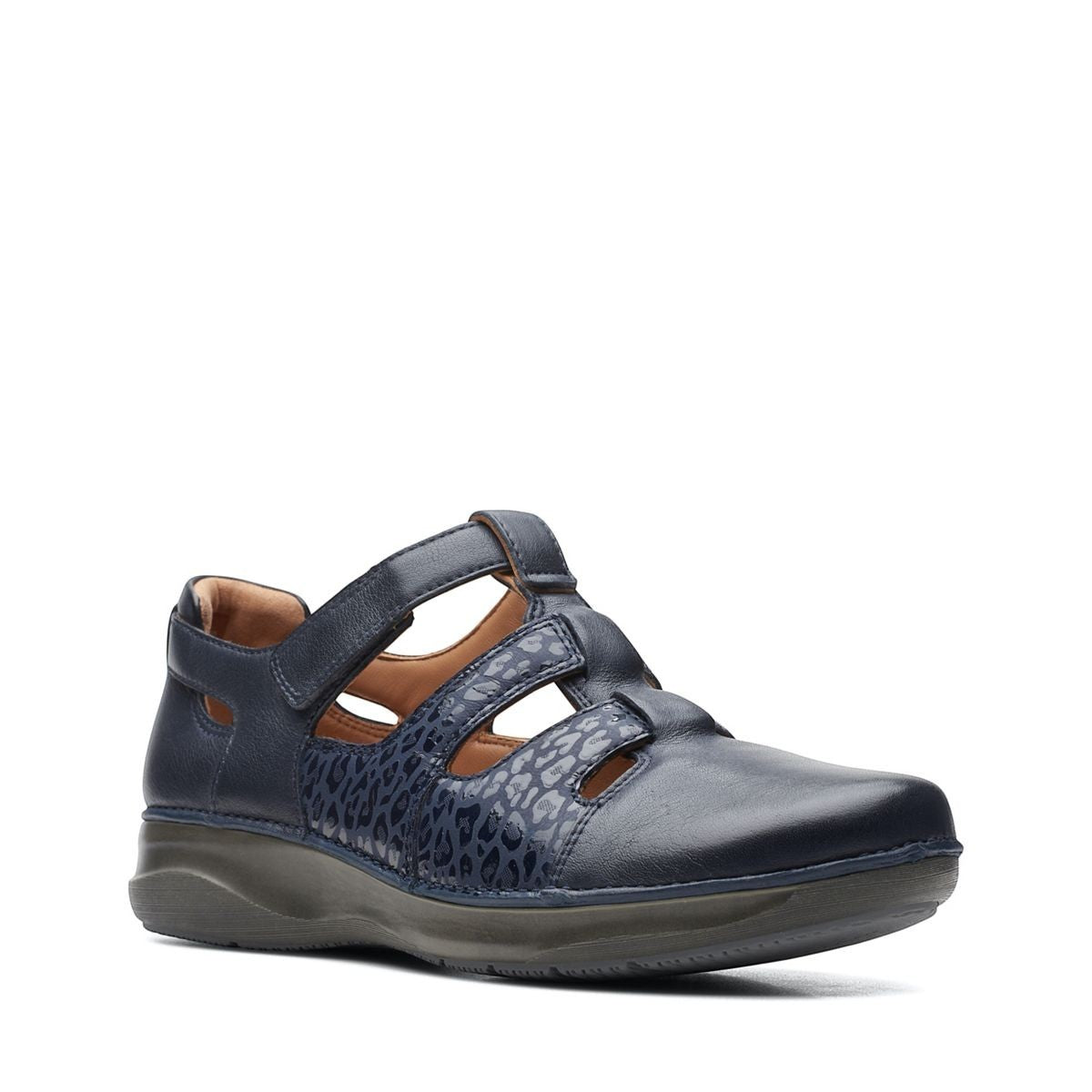 Clarks Appley Strap black leather shoes with leopard print detailing and adjustable hook-loop straps. front view.