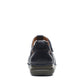 Clarks Appley Strap black leather shoes with leopard print detailing and adjustable hook-loop straps. back view.