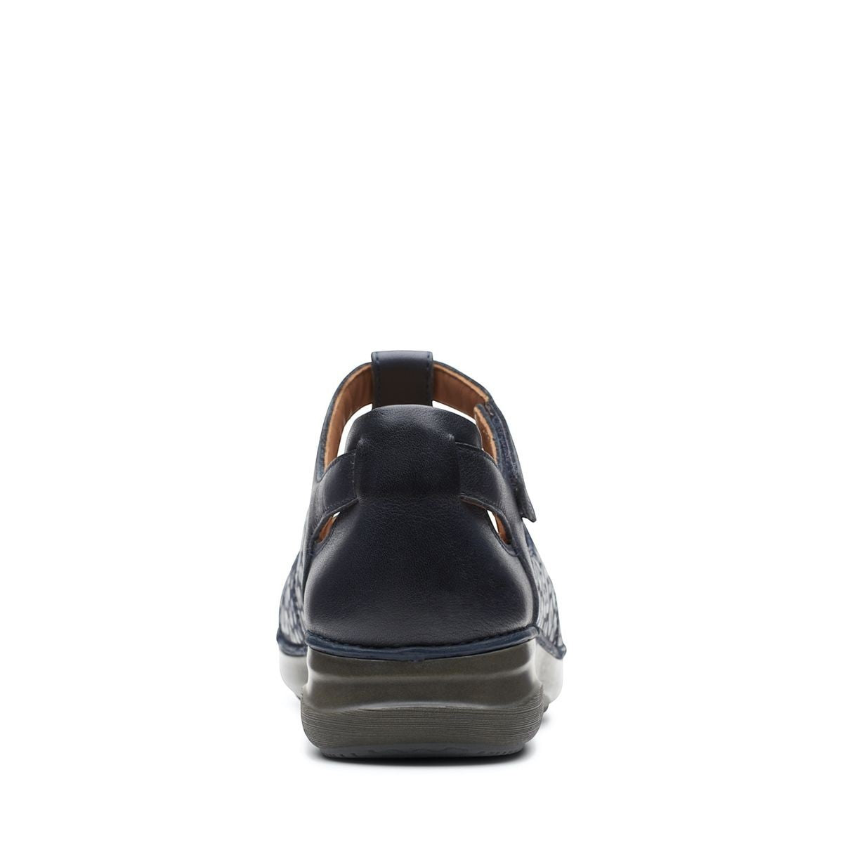 Clarks Appley Strap black leather shoes with leopard print detailing and adjustable hook-loop straps. back view.