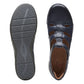Clarks Appley Strap black leather shoes with leopard print detailing and adjustable hook-loop straps. top view.