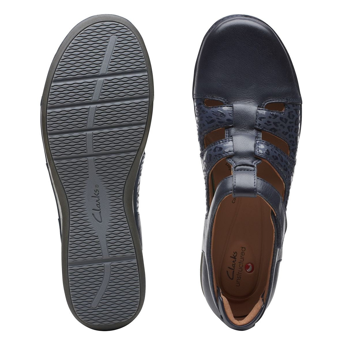 Clarks Appley Strap black leather shoes with leopard print detailing and adjustable hook-loop straps. top view.