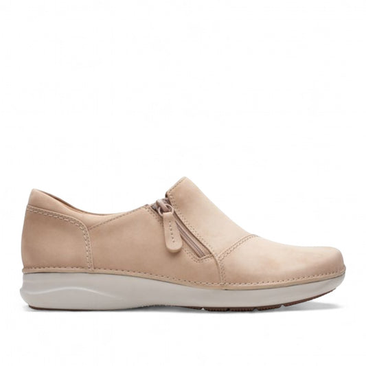 Clarks Appley Zip slip-on shoes in sand nubuck leather with side zipper and cushioned sole. right view.