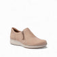 Clarks Appley Zip slip-on shoes in sand nubuck leather with side zipper and cushioned sole. front view.