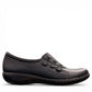 Clarks Ashland Effie black leather slip-on shoe with round toe and decorative button detail. right view.