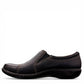 Clarks Ashland Effie black leather slip-on shoe with round toe and decorative button detail. left view.