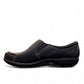 Clarks Ashland Lane Q black leather slip-on shoe with decorative buttons and contrast stitching. left view