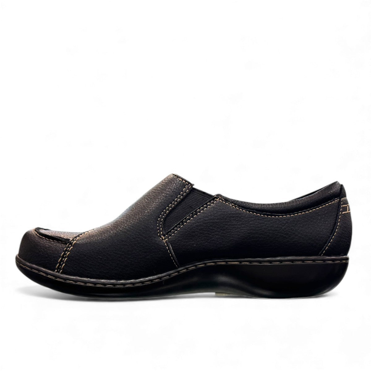 Clarks Ashland Lane Q black leather slip-on shoe with decorative buttons and contrast stitching. left view
