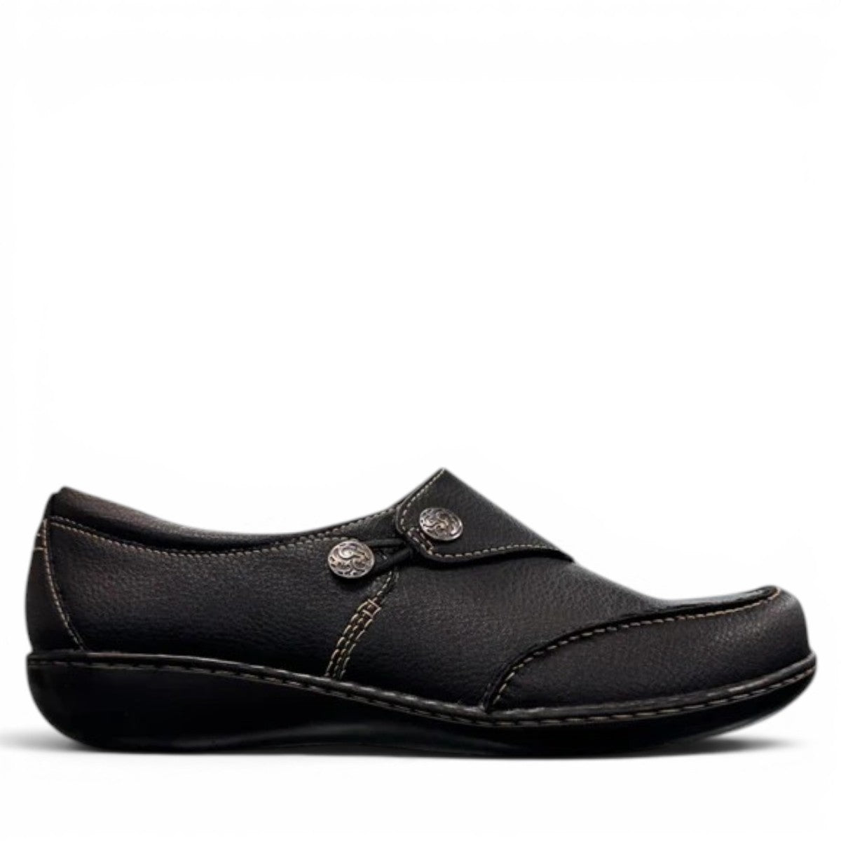 Clarks Ashland Lane Q black leather slip-on shoe with decorative buttons and contrast stitching. right view