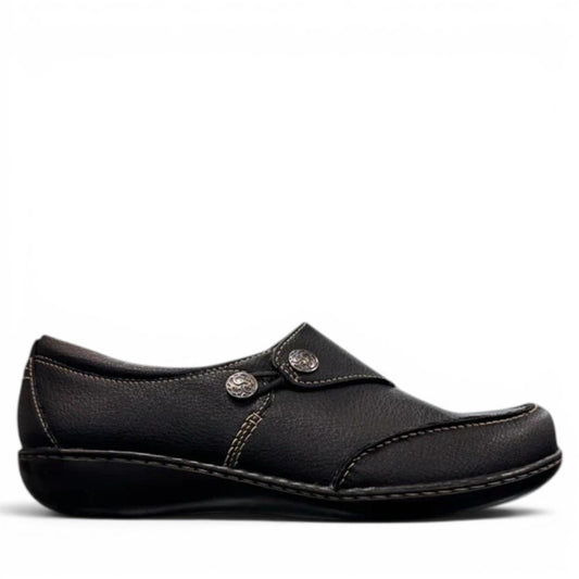 Clarks Ashland Lane Q black leather slip-on shoe with decorative buttons and contrast stitching. right view